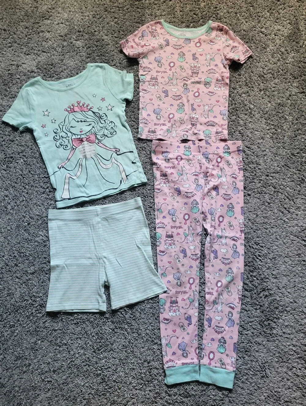 Girls Pink & Mint Princess Pajama Set - Soft Cotton Pants & Shorts Size 6 Bundle